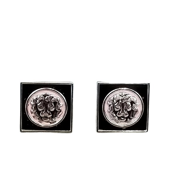 Vintage Swank Mens Cufflinks Lion Head Enamel Pink Circle Black Square P17 - Picture 1 of 5